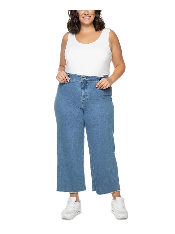 Plus - size women jeans for a comfortable and stylish fitWomens Frayed Hem Denim Wide Leg Jeans