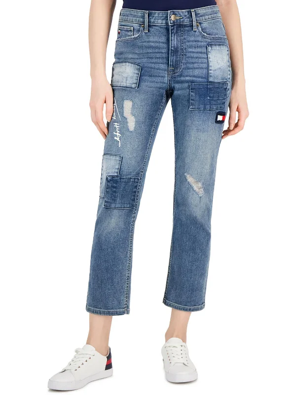 Skinny women jeans with a form - fitting designWomens Patchwork Distressed Ankle Jeans