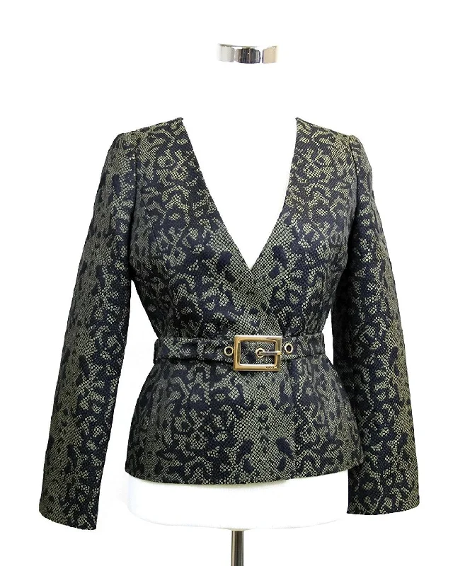 Plus Size Women's Sequin - Embellished Blazers in Silver for a Glamorous PartyGucci Women's Green Black Cotton Silk Acrylic Print Belt Runway Blazer Jacket