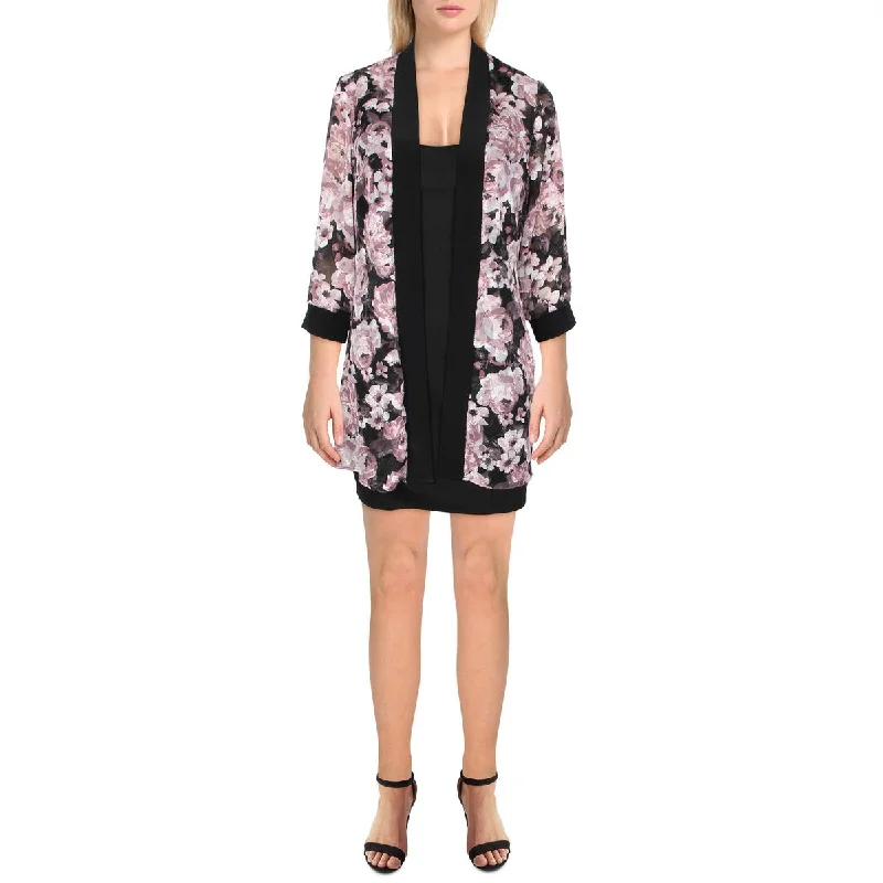 Plus Size Women's Faux Fur - Trimmed Blazers in Black for a Luxurious LookPetites Womens Chiffon Floral Duster Blazer