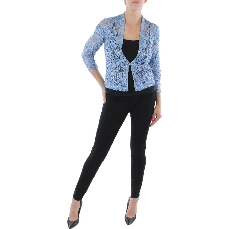 Plus Size Women's Faux Fur - Trimmed Blazers in Black for a Luxurious LookWomens Lace Sheer One-Button Blazer