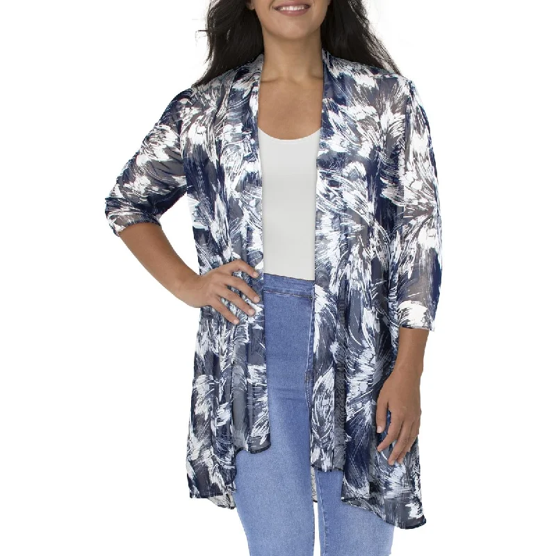 Plus Size Women's Sequin - Embellished Blazers in Silver for a Glamorous PartyWomens Mesh Printed Duster Blazer