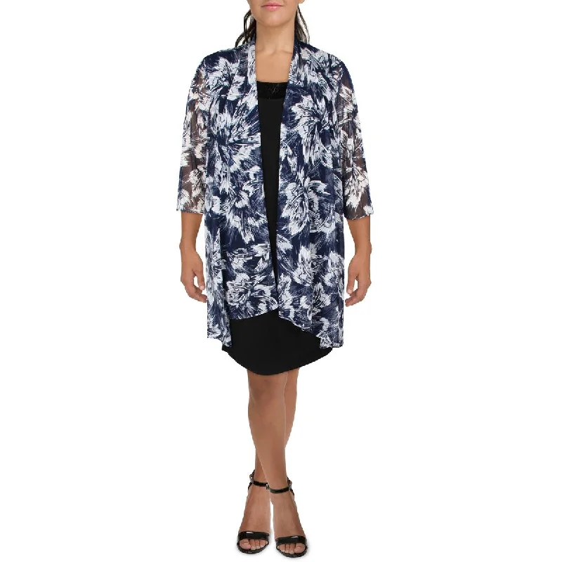 Women's Tailored Stretch Blazers in Navy Blue for Business MeetingsPlus Womens Mesh Printed Duster Blazer