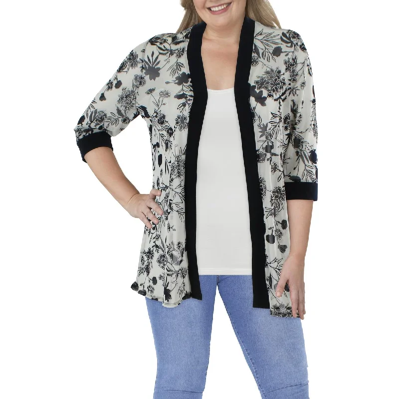 Plus Size Women's Faux Fur - Trimmed Blazers in Black for a Luxurious LookPlus Womens Mesh Printed Duster Blazer