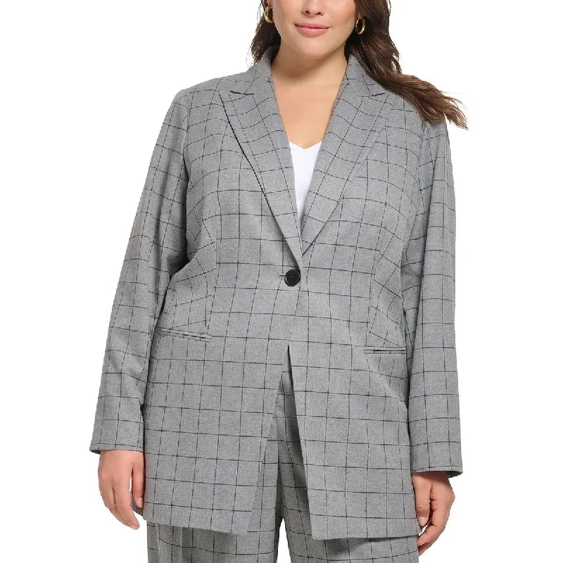 Plus Size Women's Embroidered Blazers in Floral Patterns for a Feminine TouchPlus Womens Window Pane Suit Separate One-Button Blazer