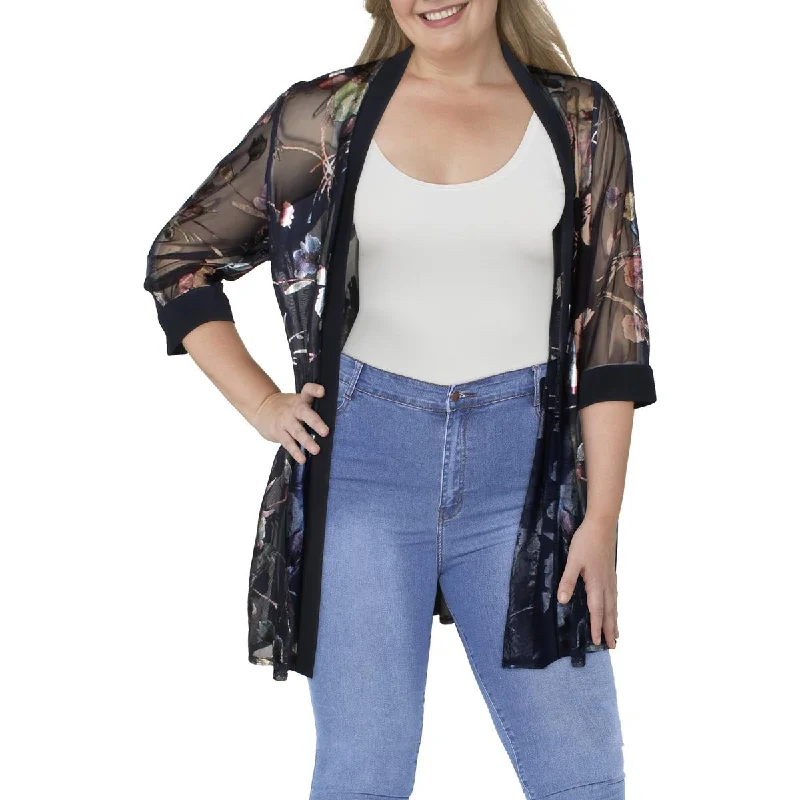 Plus Size Women's Embroidered Blazers in Floral Patterns for a Feminine TouchPlus Womens Mesh Foiled Duster Blazer