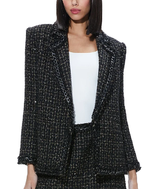 Women's Tailored Stretch Blazers in Navy Blue for Business MeetingsAlice + Olivia Shan Oversized Chain Fringe Wool-Blend Blazer