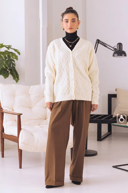 cropped women cardigan to pair with high - waisted jeansO-WHITE-V-NECK FULL SLEEVES CARDIGAN SWEATER (24X-006-66)