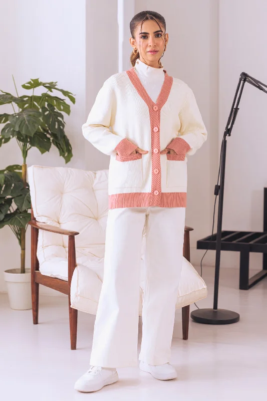 color block women cardigan with bold huesWHITE-V-NECK FULL SLEEVES CARDIGAN W-POCKET SWEATER (24X-013-66)