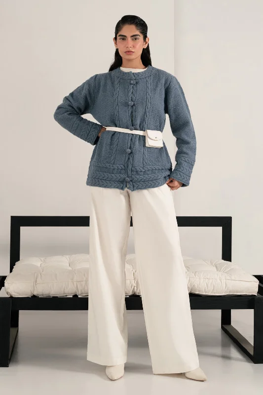 cropped women cardigan to pair with high - waisted jeansL-BLUE-ROUND NECK FULL SLEEVES CARDIGAN SWEATER (24X-017-66)