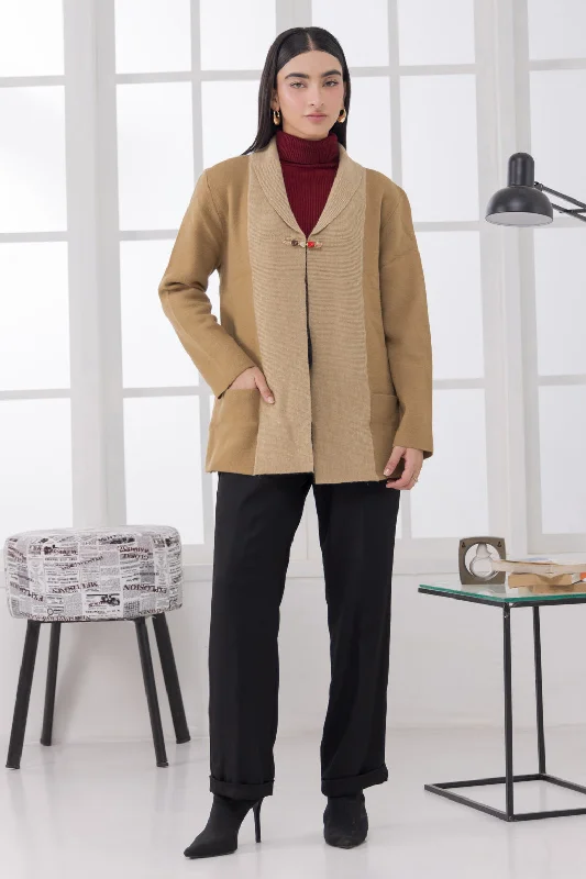 cashmere blend women cardigan for a luxurious feelKHAKI-SHAWL COLLAR FULL SLEEVES CARDIGAN SWEATER (24X-061-66)