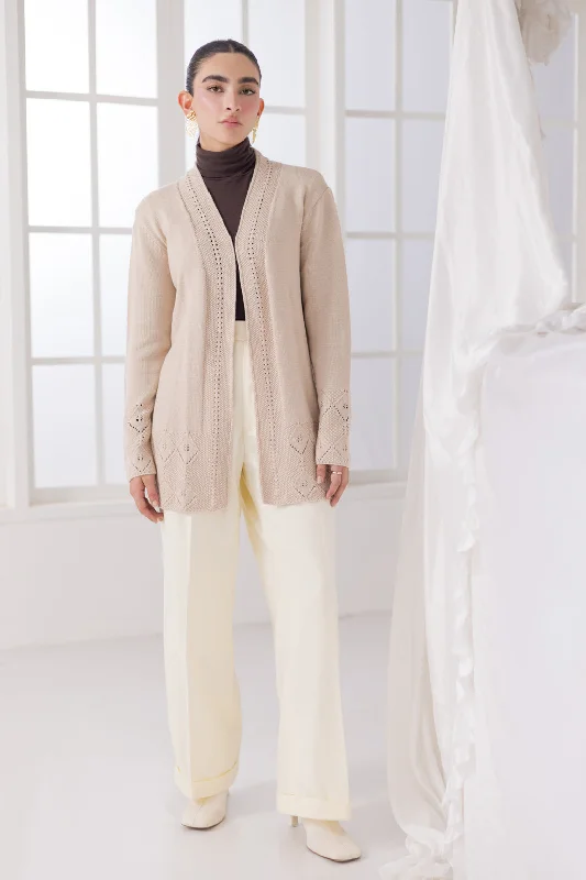 open front women cardigan for easy stylingL-BEIGE-FRONT OPEN FULL SLEEVES CARDIGAN SWEATER (24X-063-66)