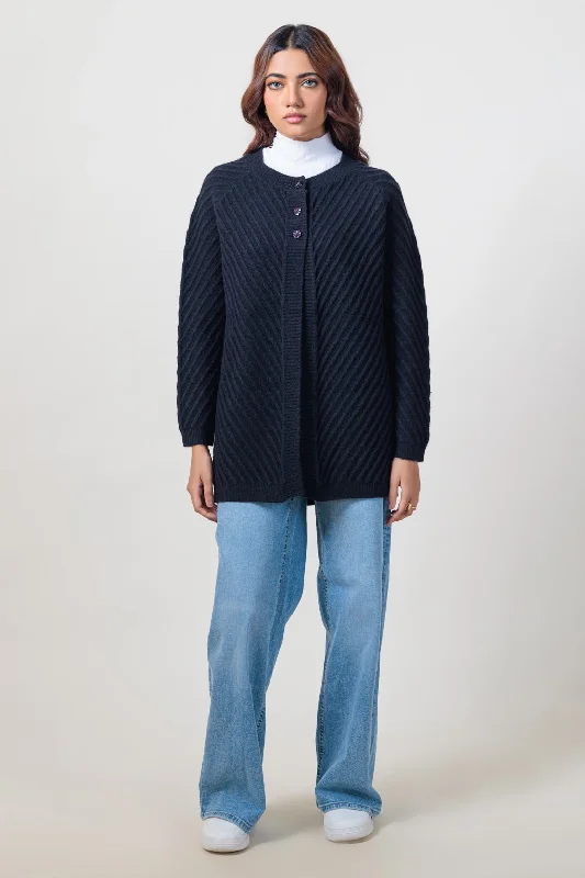 cropped women cardigan to pair with high - waisted jeansBLACK-ROUND NECK FULL SLEEVES CARDIGAN SWEATER (24X-068-66)