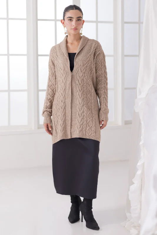 long length women cardigan with side slitsBEIGE-SHAWL COLLAR FULL SLEEVES CARDIGAN SWEATER (24X-105-66)