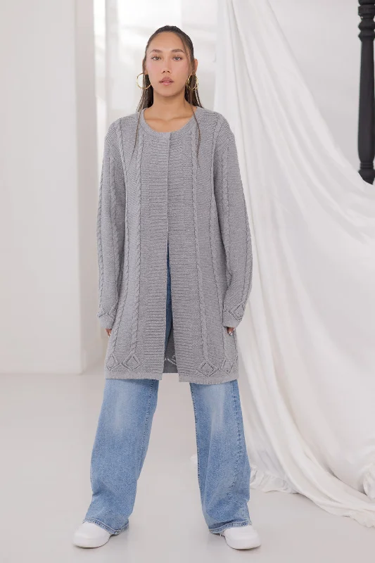 long length women cardigan with side slitsGREY-ROUND NECK FULL SLEEVES CARDIGAN SWEATER (24X-106-66)