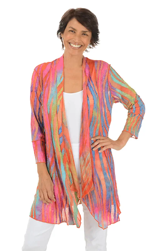 hand knitted women cardigan with artisanal charmMulticolored Zebra Stripe Textured Cardigan