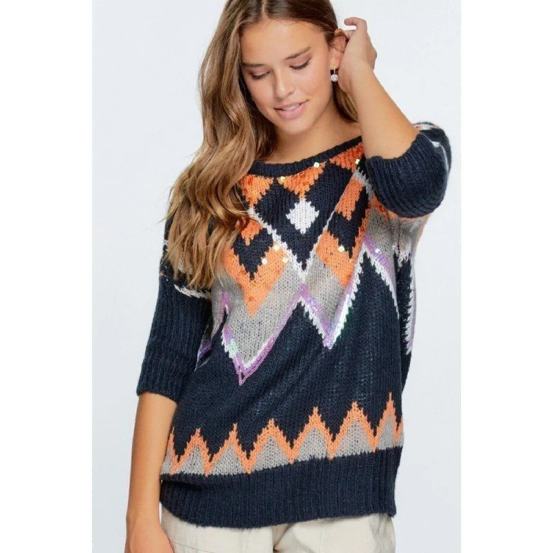 Split - Hem Women's Linen Blend Sweaters for SpringAztec Pattern With Glitter Accent Sweater