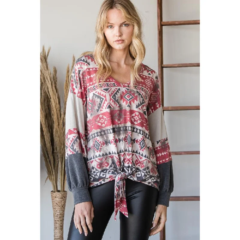 Open - Front Women's Cardigan - Style Mohair SweatersBeautiful Aztec Print Long Sleeve Sweater