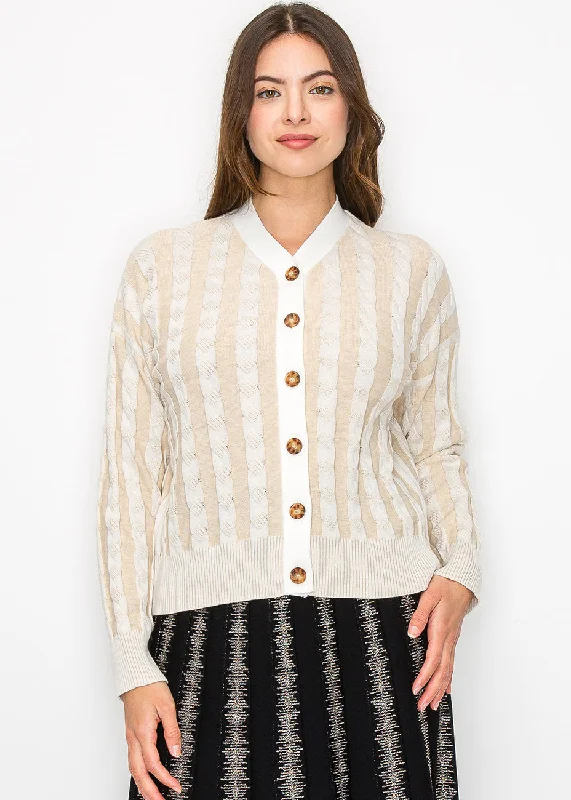 sequin embellished women cardigan for special occasionsBeige Cable Knit Stripe Cardigan