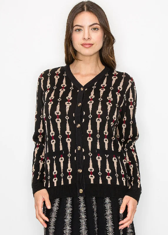 cropped women cardigan to pair with high - waisted jeansBlack Cardigan with Bold Geometric Print