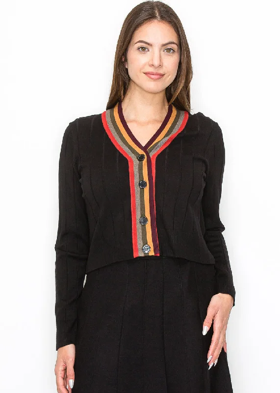 organic cotton women cardigan for an eco - friendly choiceBlack Ribbed Cardigan with Striped V-Neck