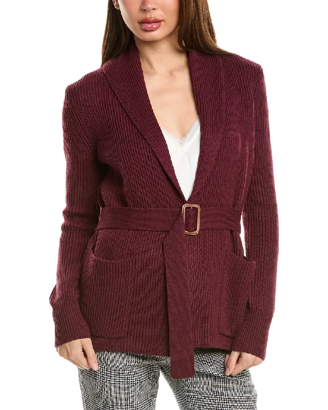 cropped women cardigan to pair with high - waisted jeansBruno Magli Ribbed Belted Shawl Wool Cardigan