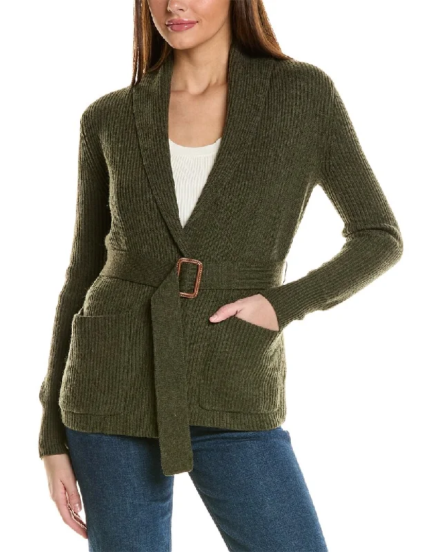 cable knit women cardigan with intricate patternsBruno Magli Ribbed Belted Shawl Wool Cardigan