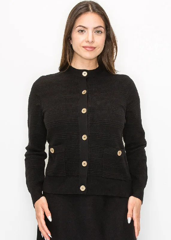 open front women cardigan for easy stylingButtoned Black Knit Cardigan with Pockets