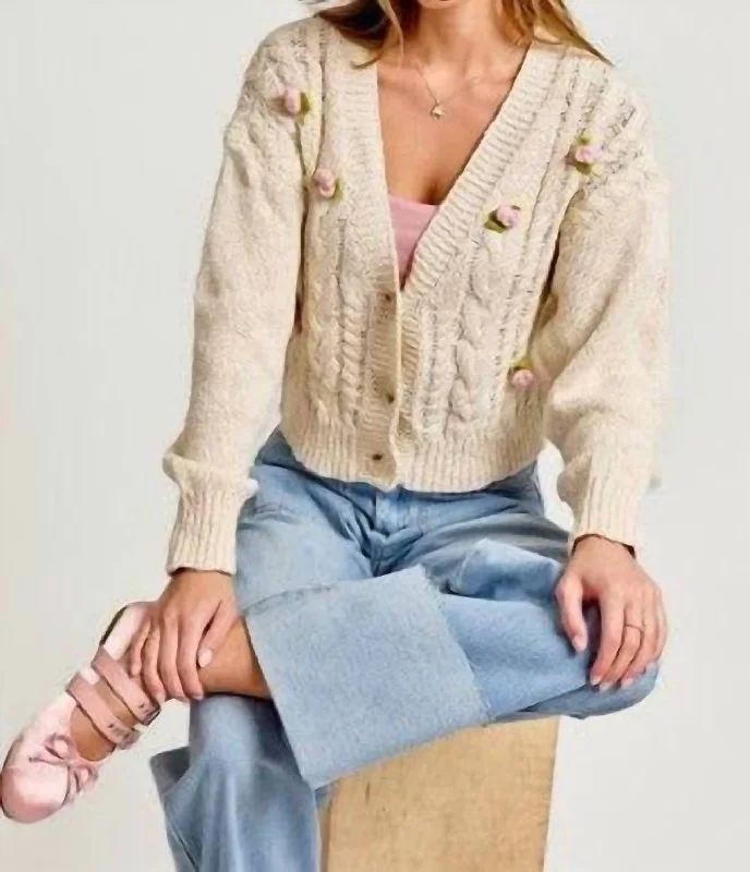 cable knit women cardigan with intricate patternsCharlotte Rosette Cardigan In Cream