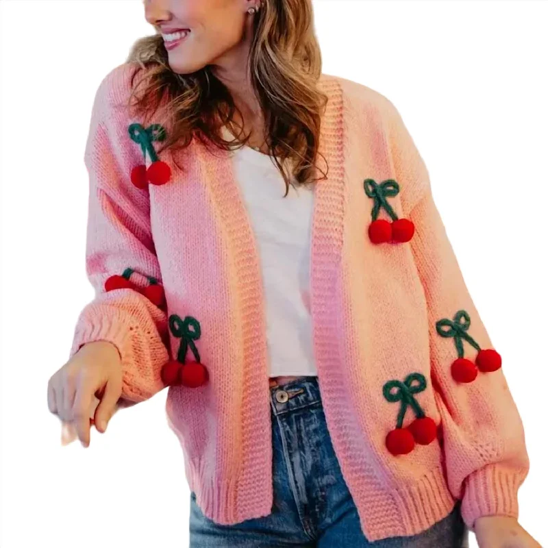 oversized women cardigan for a trendy and cozy lookCherry Long Sleeve Knit Cardigan In Pink