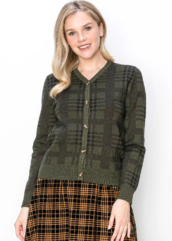 open front women cardigan for easy stylingClassic Olive Plaid Cardigan