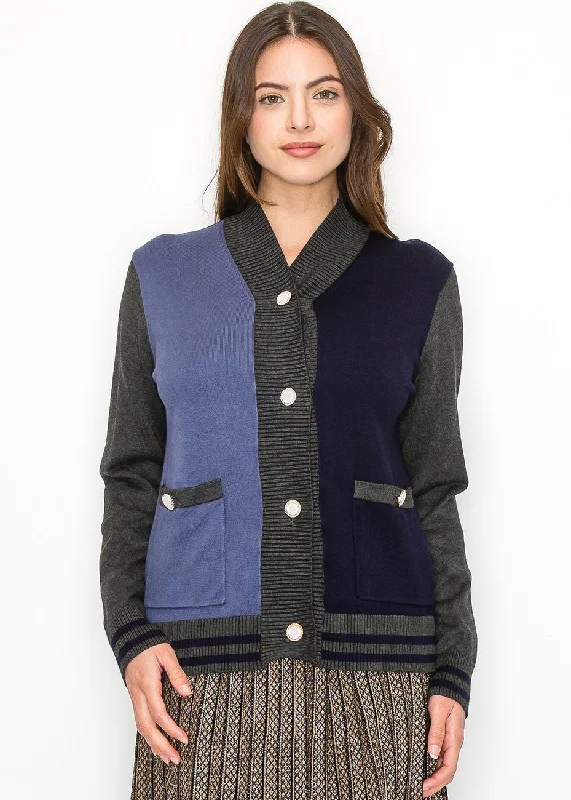 color block women cardigan with bold huesColorblock Navy and Blue Buttoned Cardigan