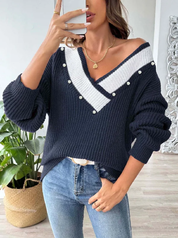 Plus Size Women's Sequined Sweaters for Special OccasionsContrast Trim Dropped Shoulder Long Sleeve Sweater