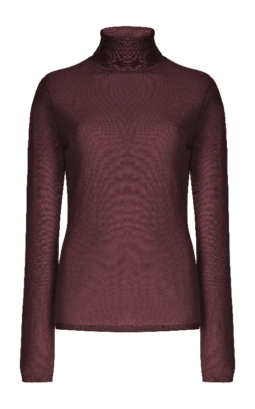 Plus Size Women's Embroidered Sweaters in Ethnic StylesCosta Knit Turtleneck in Deep Bordeaux Cashmere Silk