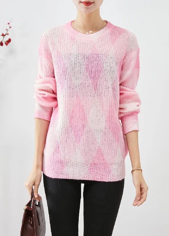 Button - Down Women's Shetland Wool Sweaters in Traditional PatternsCute Pink Oversized Plaid Knit Sweaters Fall