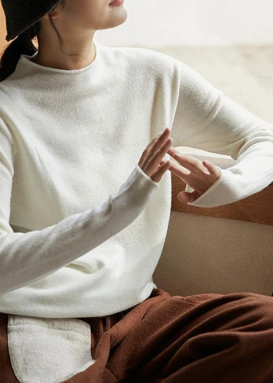 Women's Long Sleeve Turtleneck Cashmere SweatersCute Spring White Sweaters Casual High Neck Blouse