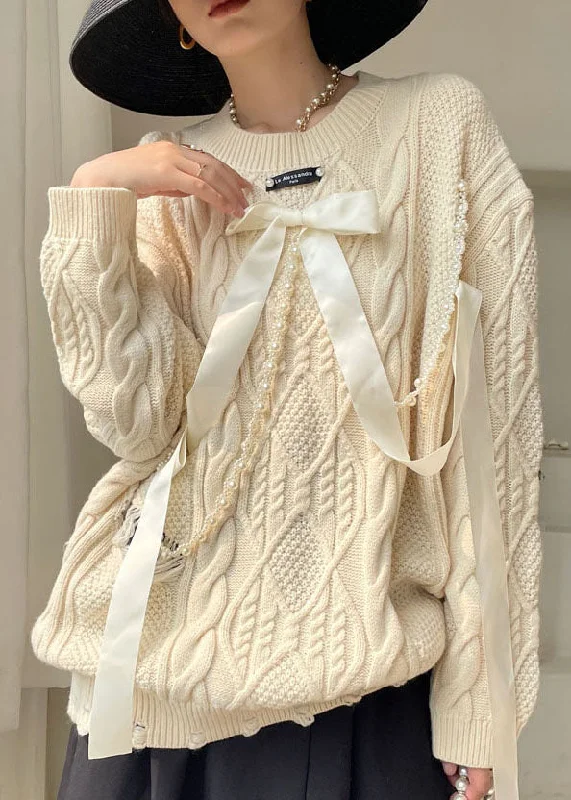 Plus Size Women's Side - Slit Sweaters in Bold Solidsdiy Apricot Bow Hole Knit sweaters Spring