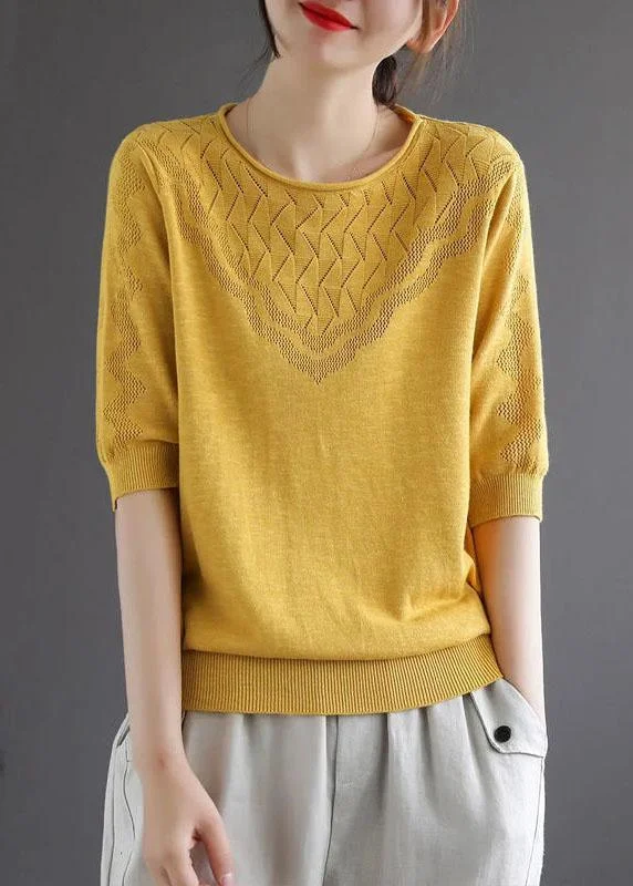 V - Neck Women's Ribbed Wool Sweaters for Falldiy Yellow Hollow Out Hole Casual Fall Sweater