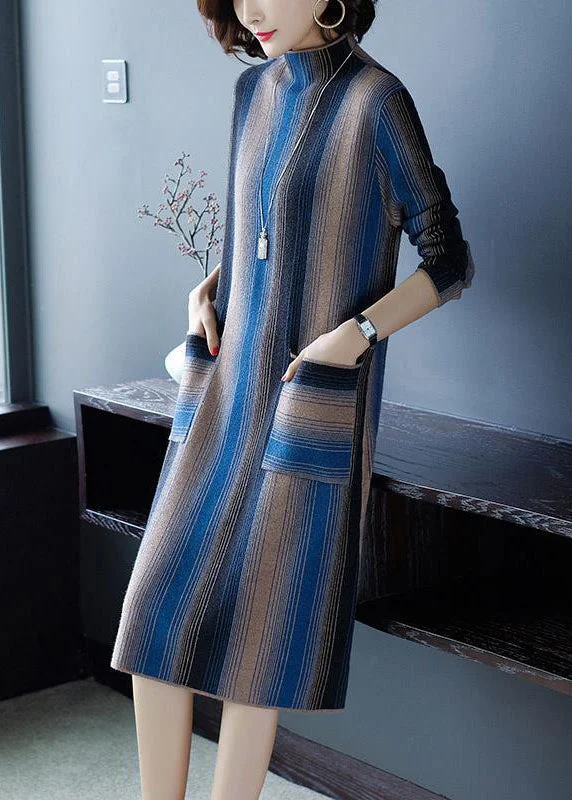 Plus Size Women's Belted Cable Knit SweatersElegant Blue High Neck Striped Knit Long Sweater Winter