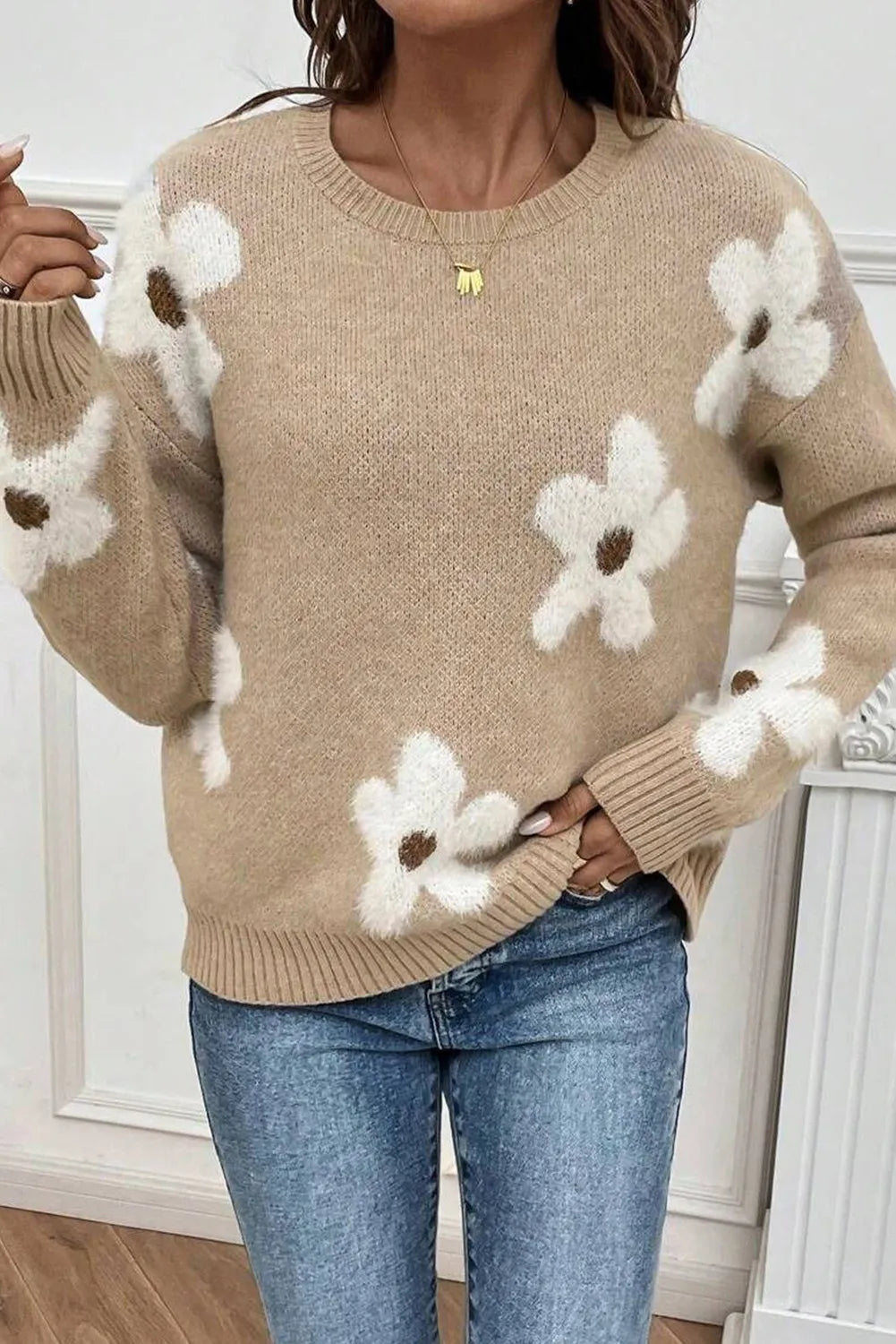 Boat Neck Women's Merino Wool Sweaters in Neutral ShadesFlower Round Neck Long Sleeve Sweater