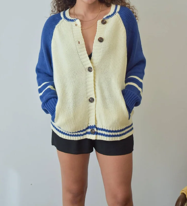 maternity women cardigan for expecting momsGame Day Varsity Cardigan In Cream/blue