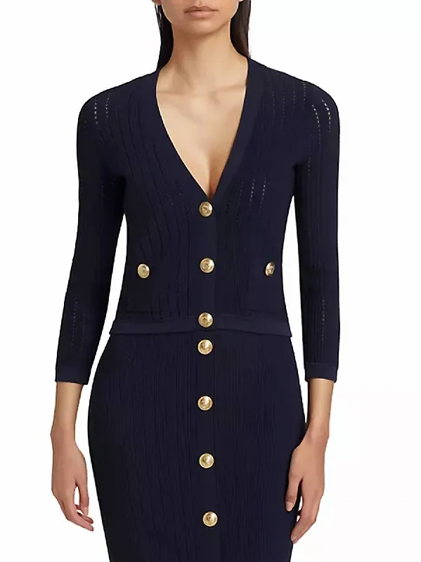 cropped women cardigan to pair with high - waisted jeansIrvin Pointelle Knit Cardigan In Navy