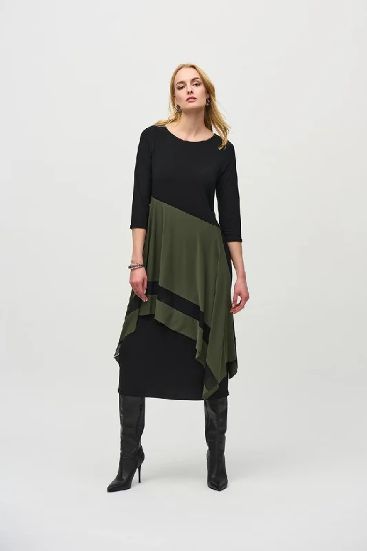 Open - Front Women's Cardigan - Style Mohair SweatersJoseph Ribkoff Black/Iguana Silky Knit Colour Block Handkerchief Dress