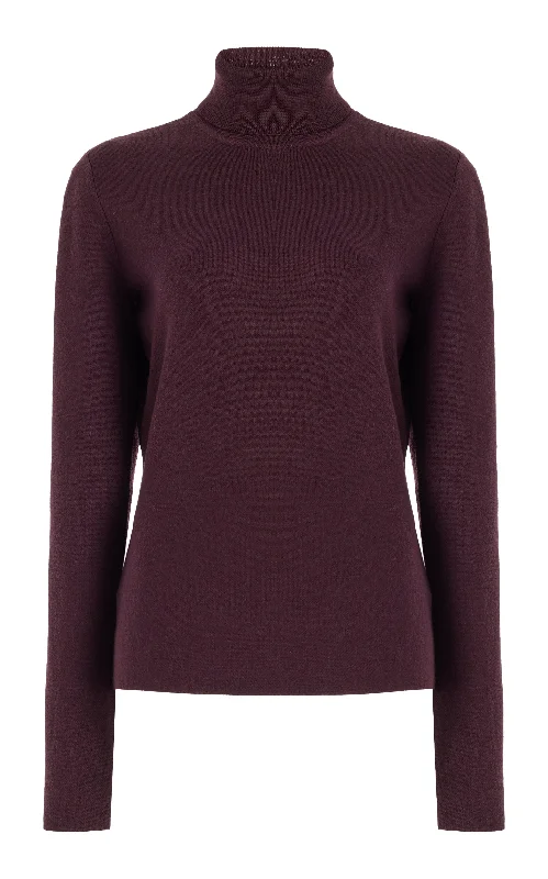 Hooded Women's Fleece - Lined Sweaters for WinterMay Knit Turtleneck in Deep Bordeaux Merino Wool Cashmere