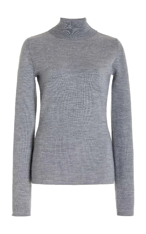 High - Low Hem Women's Cashmere - Blended SweatersMay Knit Turtleneck in Heather Grey Merino Wool Cashmere