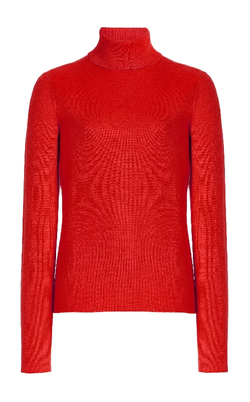 Tie - Front Women's Lambswool Sweaters in Pastel HuesMay Knit Turtleneck in Red Topaz Merino Wool Cashmere