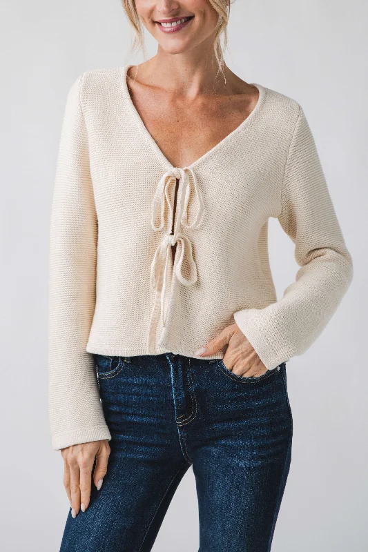 cropped women cardigan to pair with high - waisted jeansMiou Muse Long Sleeve Knitted Tie Front Cardigan