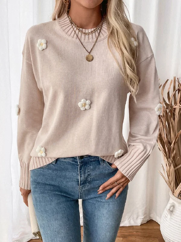 Plus Size Women's Sequined Sweaters for Special OccasionsPerfee Flower Round Neck Long Sleeve Sweater