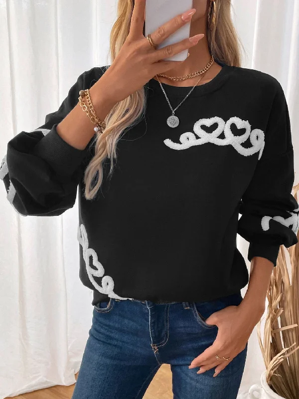 Plus Size Women's Sequined Sweaters for Special OccasionsPerfee Heart Round Neck Long Sleeve Sweater