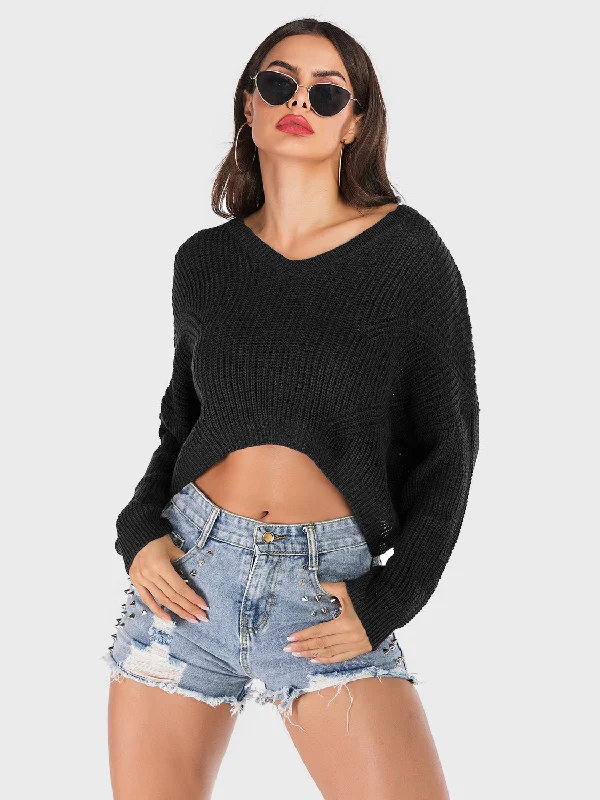 Cropped Women's Angora Blend Sweaters for a Trendy LookPerfee V-Neck Long Sleeve Sweater